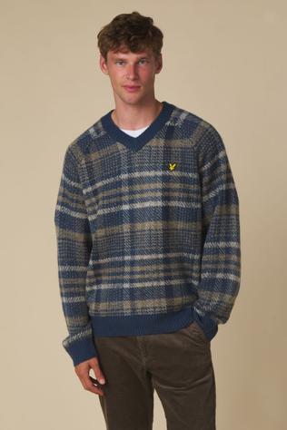 Lyle & Scott Trui Offset Check V Neck Jumper Legacy Aegean Blue