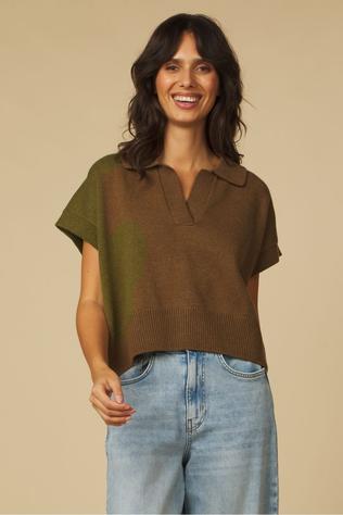 Yaya Pull Knitted Spencer With Collar Teak Brown Melange
