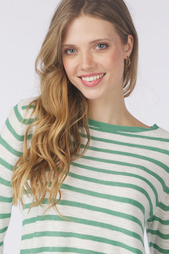 Tom Tailor Trui Knit Striped Boatneck Offwhite Rosewood Green