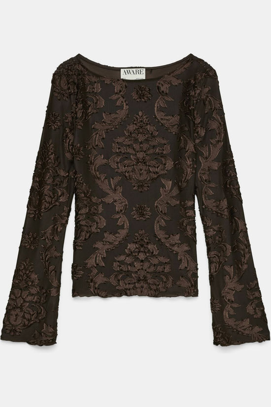 AWARE T-Shirt Dakota Boatneck Chocolate Torte Detail:Devoré