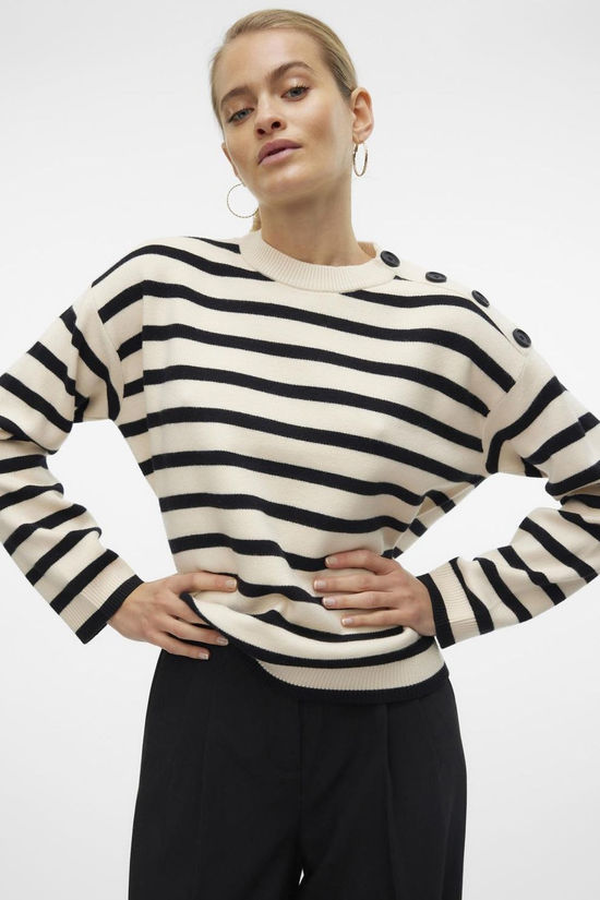 Vero Moda Pull Saba Button Birch With Stripes Black