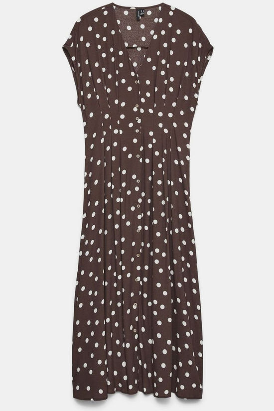 Vero Moda Robe Elisa Pleat 7/8 Chocolate Martini Aop:Snow White Dot