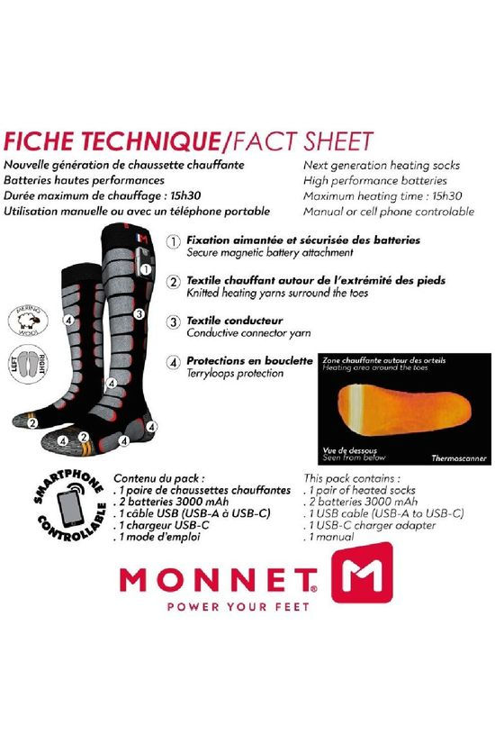 Monnet Skisok Heat Protech Battery Noir Rouge